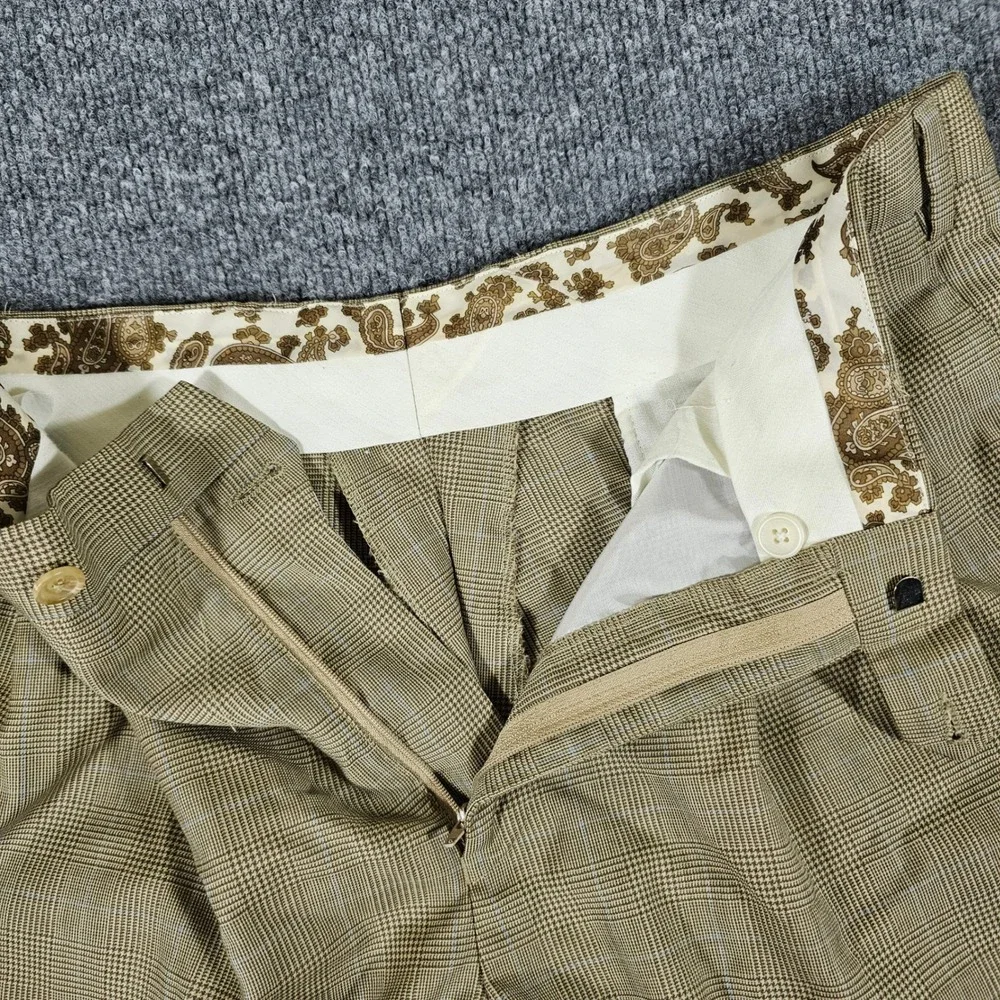Lauren Ralph Lauren Mens Tan Plaid Wool Pleated Cuffed Trousers 35x30 Act 31x29